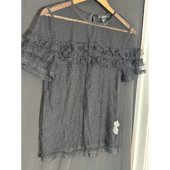 FOREVER 21 Black Polka Dot Sheer Ruffled Blouse Top Whimsigoth Fairy Grunge - Picture 4 of 7